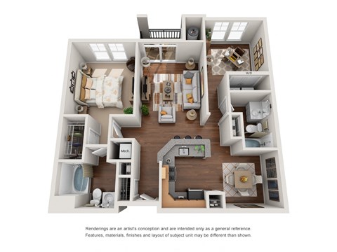 Floor plan for 1 bed, 2 baths, 998 sqft